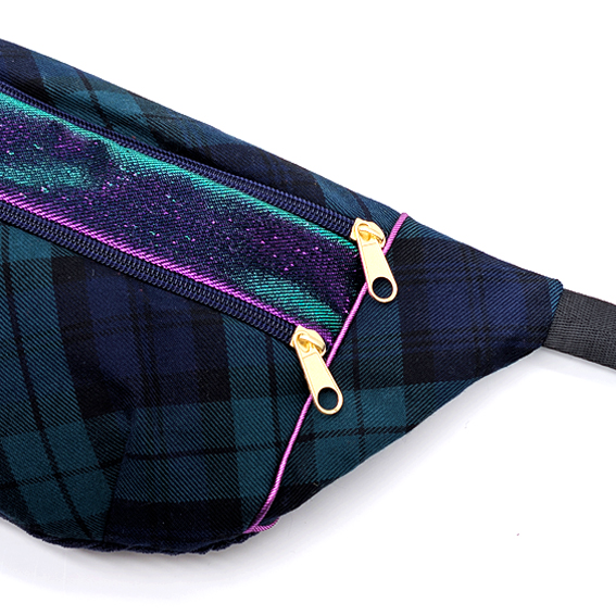 sac banane Lyon tartan vert violet irisé sacoche pochette accessoires bumbag bandoulière fannypack