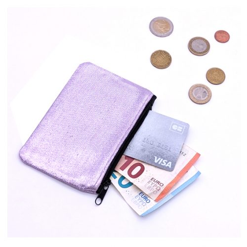 porte monnaie tissu irisé brillant accessoire textile fabriqué à Lyon artisanal création créatrice irisé mauve violet paillette
