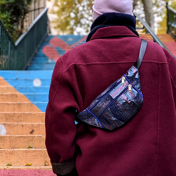 sac banane Lyon tissu irisé brillant paillette vert violet Français artisanal fait main créateur bumag fannypack