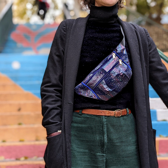 sac banane Lyon tissu irisé brillant paillette vert violet Français artisanal fait main créateur bumag fannypack