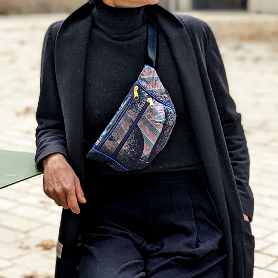 sac banane Lyon tissu irisé brillant paillette vert violet Français artisanal fait main créateur bumag fannypack